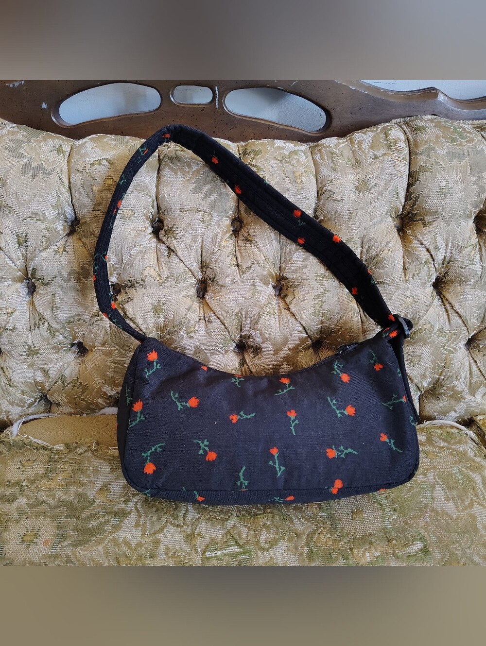 SOLD Baggu Cargo Shoulder Bag in “Painted Wildflower” Recycled Nylon Black Mini - Picture 3 of 7